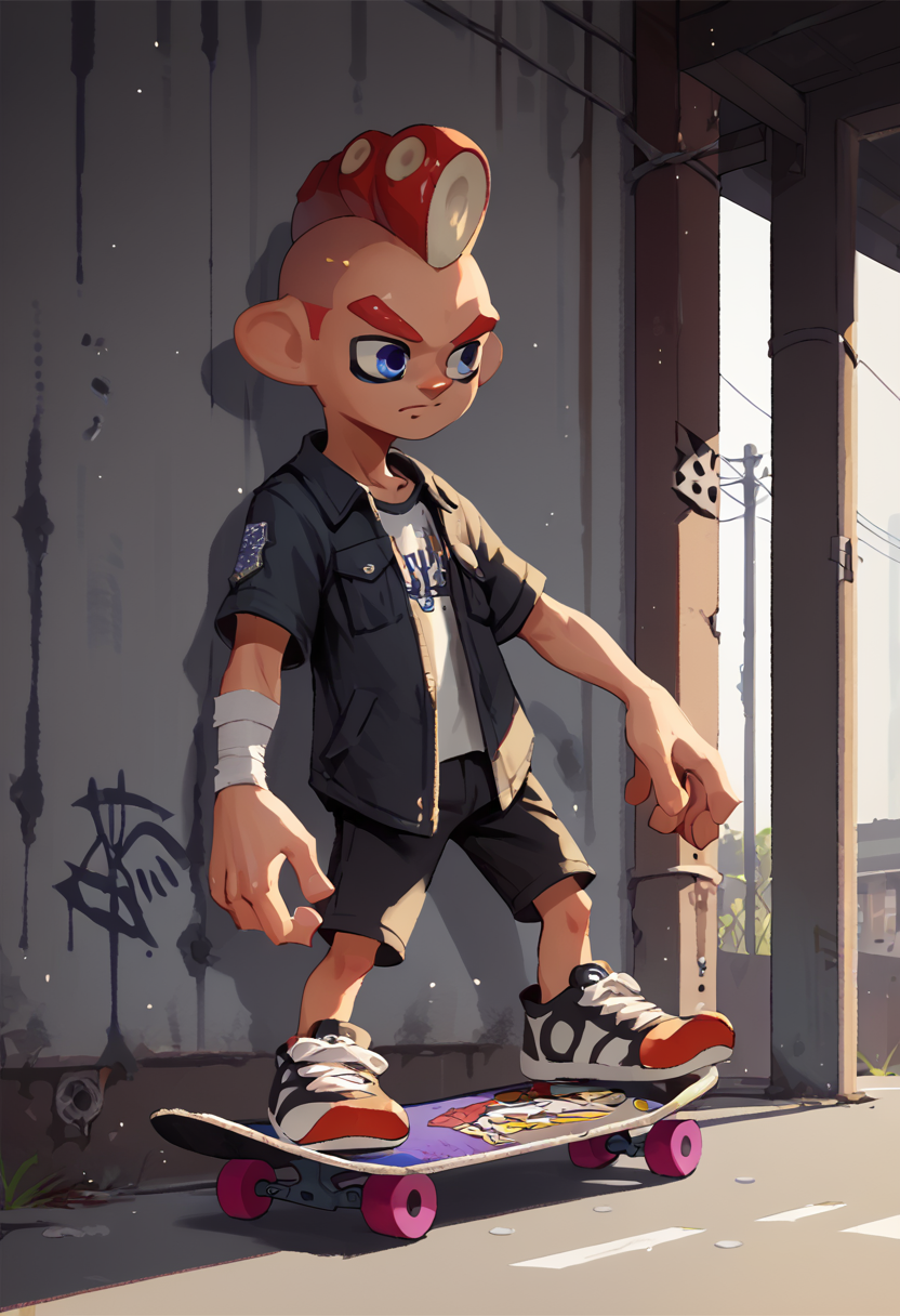 score_9, score_8_up, score_7_up, score_6_up, score_5_up, score_4_up, male octoling, mohawk, skateboard ollie, bandage, abandoned parking lot <lora:splatoonxl41-pdv6xl:1>