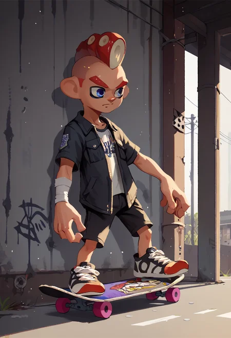 score_9, score_8_up, score_7_up, score_6_up, score_5_up, score_4_up, male octoling, mohawk, skateboard ollie, bandage, abandoned parking lot <lora:splatoonxl41-pdv6xl:1>