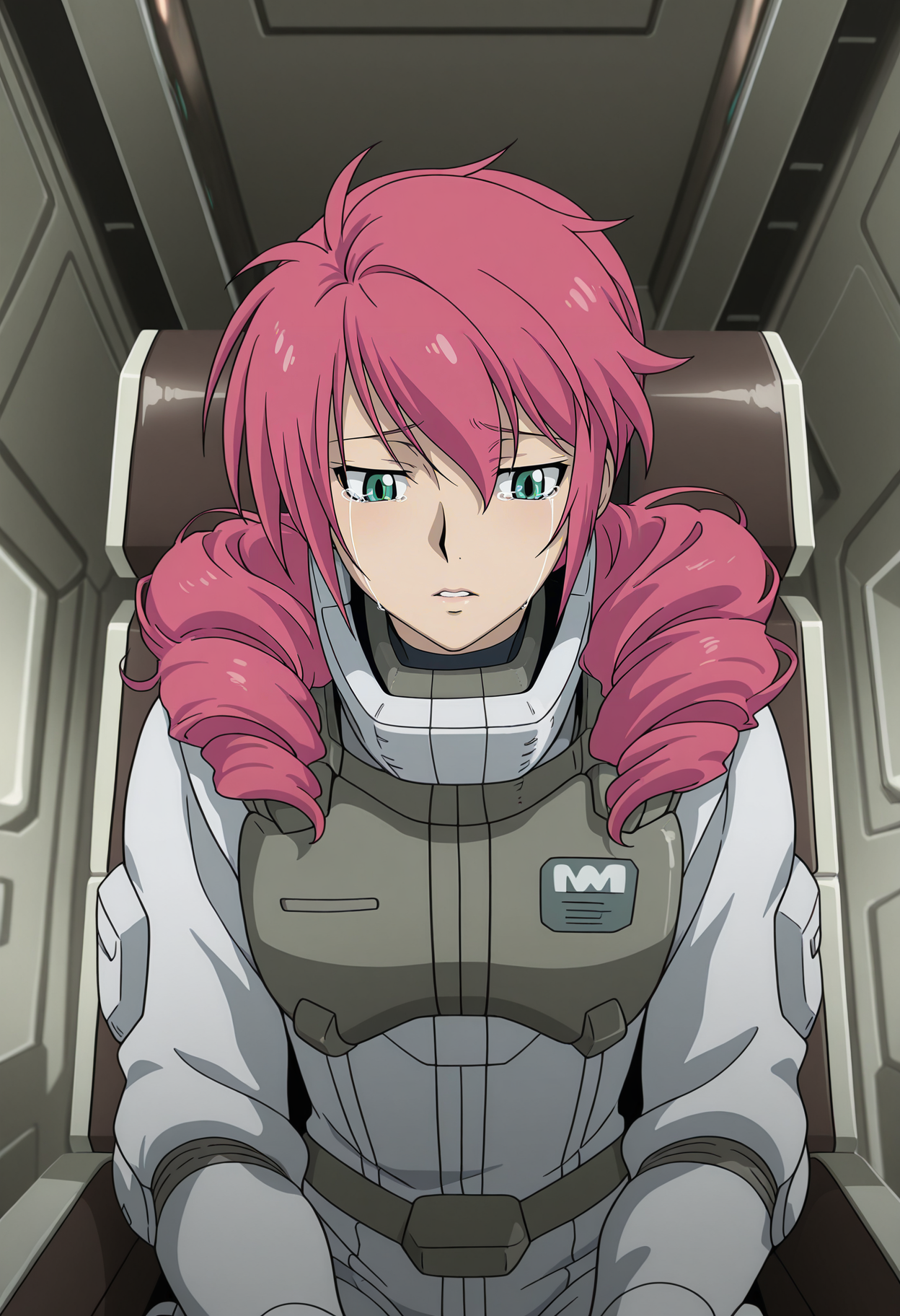 1girl,solo,mm,mature female,pink hair,twintails,long hair,green eyes,drill hair,anime coloring,
spacesuit,spacecraft, indoors,sitting,tears,parted lips, 
,masterpiece,best quality,amazing quality,<lora:Feldt_Grace-Gundam_00_Season1:0.8>