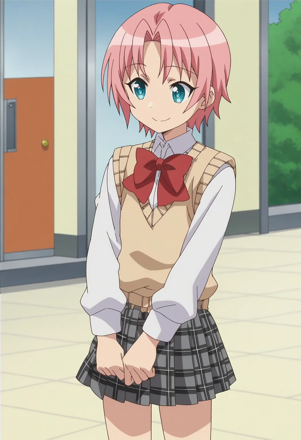 score_9, score_8_up, score_7_up, score_6_up, score_5_up, score_4_up , anime coloring ,BREAK source_anime, anime,screencap,
1boy, solo, himea, short hair, school uniform, white shirt, pleated skirt, kneehighs, red bowtie, sweater vest, otoko no ko, crossdressing, <lora:PonyXL HimeA V3:1>
indoors,smile,