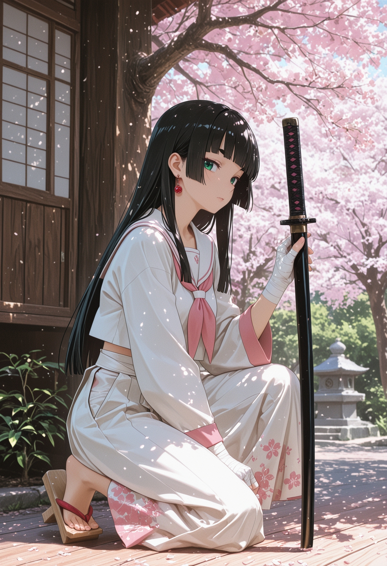 masterpiece, best quality, incredibly absurdres, (anime coloring),
solo, 1girl, mature female, long hair, black hair, hime cut, thick eyebrows, emerald eyes, detailed eyes, hair behind ear, single earring, white sailor shirt, pink trim, long sleeves, pink sailor collar, midriff, bandaged hands, white hakama, cherry blossom print hakama, wooden geta, planted katana, plants, trees, dappled sunlight, temple, cherry blossoms, cherry blossom trees, kneeling, on one knee, facing to the side, looking at viewer