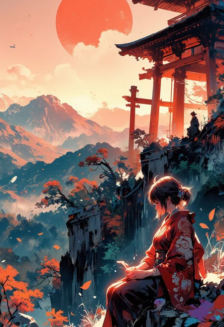 Mh1$AgThS2, intricate linework with expressive contrasts, soft lighting with dynamic highlights, Japanese woman sitting in front of a tori gate at the top of a mountain, overlooking wooded hills, landscape, sunset. Impressionistic, ligne claire outlines for clarity and structure, In the style of ff-td