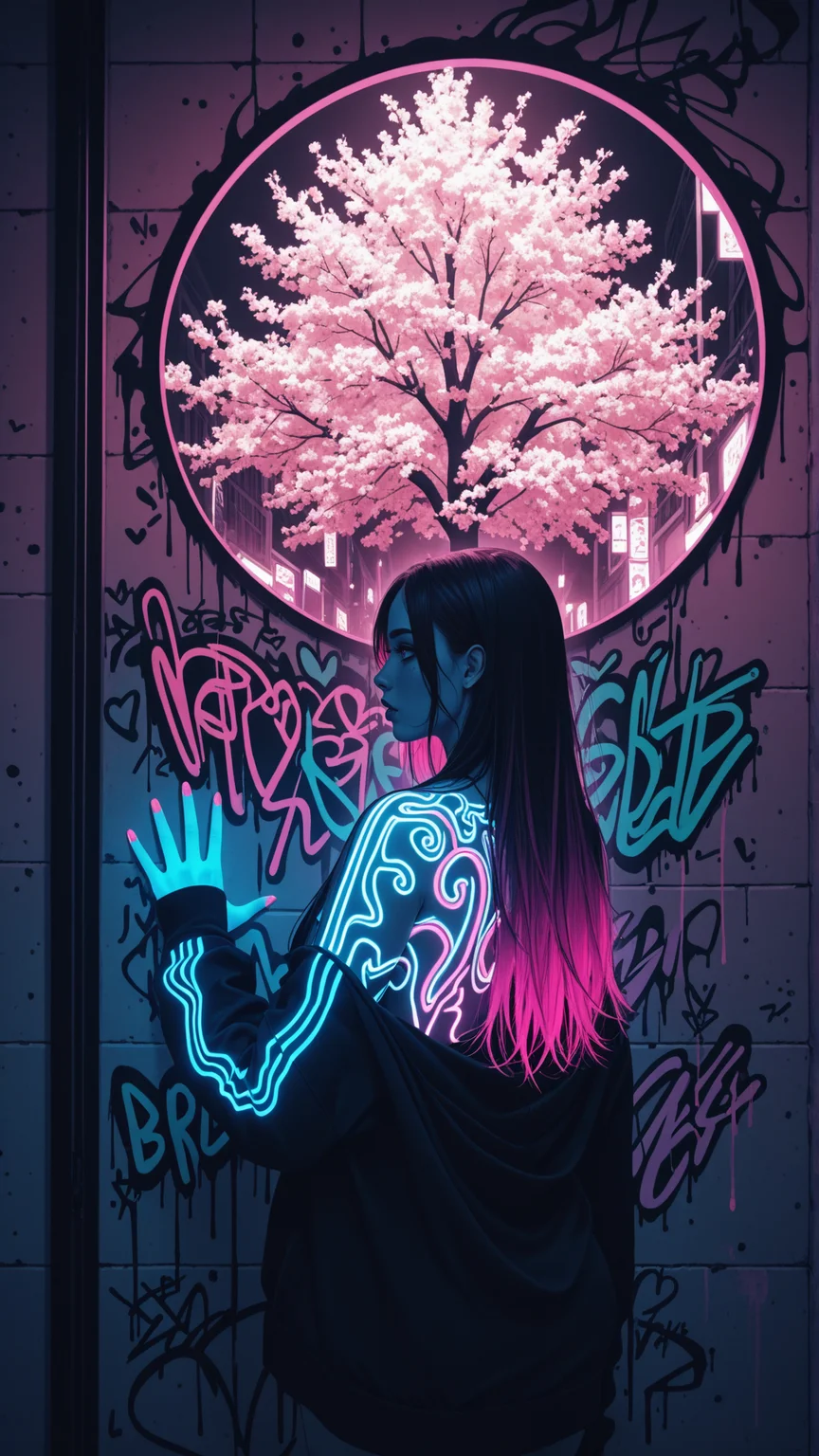 masterpiece, best quality, high detailed, high contrast, cinematic, very aesthetic, absurdres, aesthetic, official art, bright colors, neon colors, translucent beautiful female portrait graffiti, huge female graffiti, Jeddbleil, double exposure, within wall, blending cherry blossom tree, (female seamlessly blended inside wall as female graffiti:1.1), (female merged from within graffiti on wall:1.1), wall with female graffiti cherry blossom tree <lora:DoubleExposureIL:0.5>