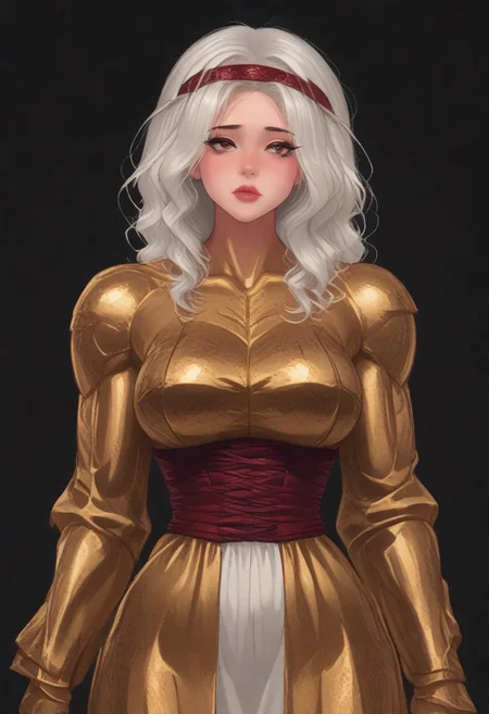(score_9, score_8_up, score_7_up), source_anime, anime, female (dark red skin) white hair, burgundy eye color, black eye sclera, layered clothing, waist-high, black background, woman, forehead, headband (big breasts:1.2) (golden armor:1.1) (muscular body:1.8) white tight skin (fleshy lips:1.5) (thin waist:1.5).