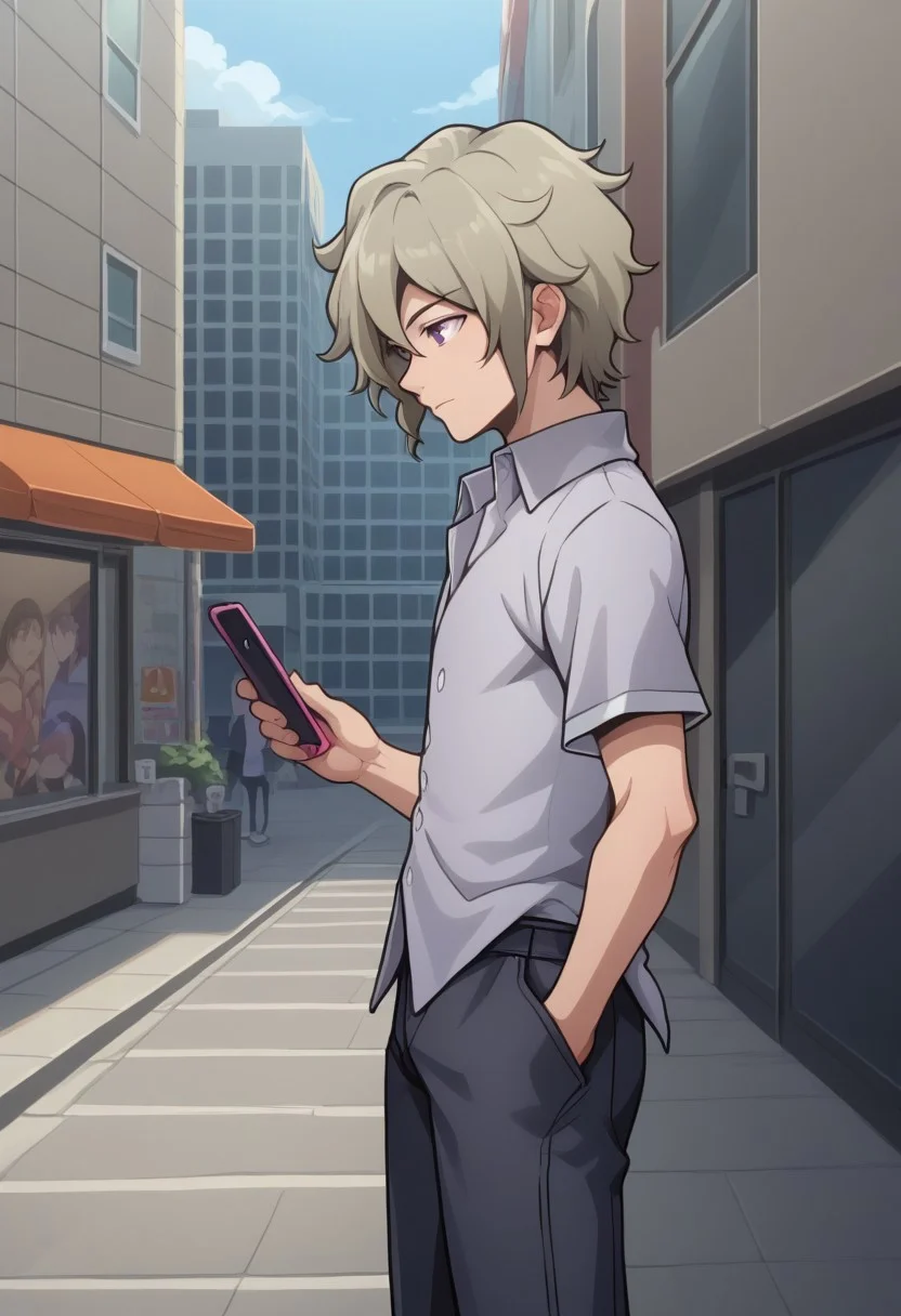 score_9, score_8_up, score_7_up, source_anime, highly detailed,
yoshiya, 1boy, solo, male focus, grey hair, purple eyes, pants, shirt, collared shirt, standing, short sleeves, phone, holding, from side, black pants, upper body,
outdoor, street, building, sky, cloud,