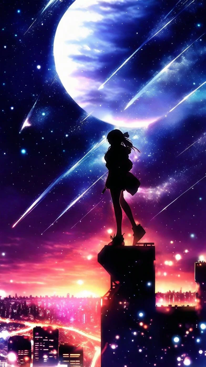 sky, star (sky),scenery,moon,starry sky,shooting star,no humans,outdoors,building,night,city,cityscape,sunset,1girl, from side, (silhouette), harada miyuki style, masterpiece, best quality, <lora:harada_miyuki_style:1>