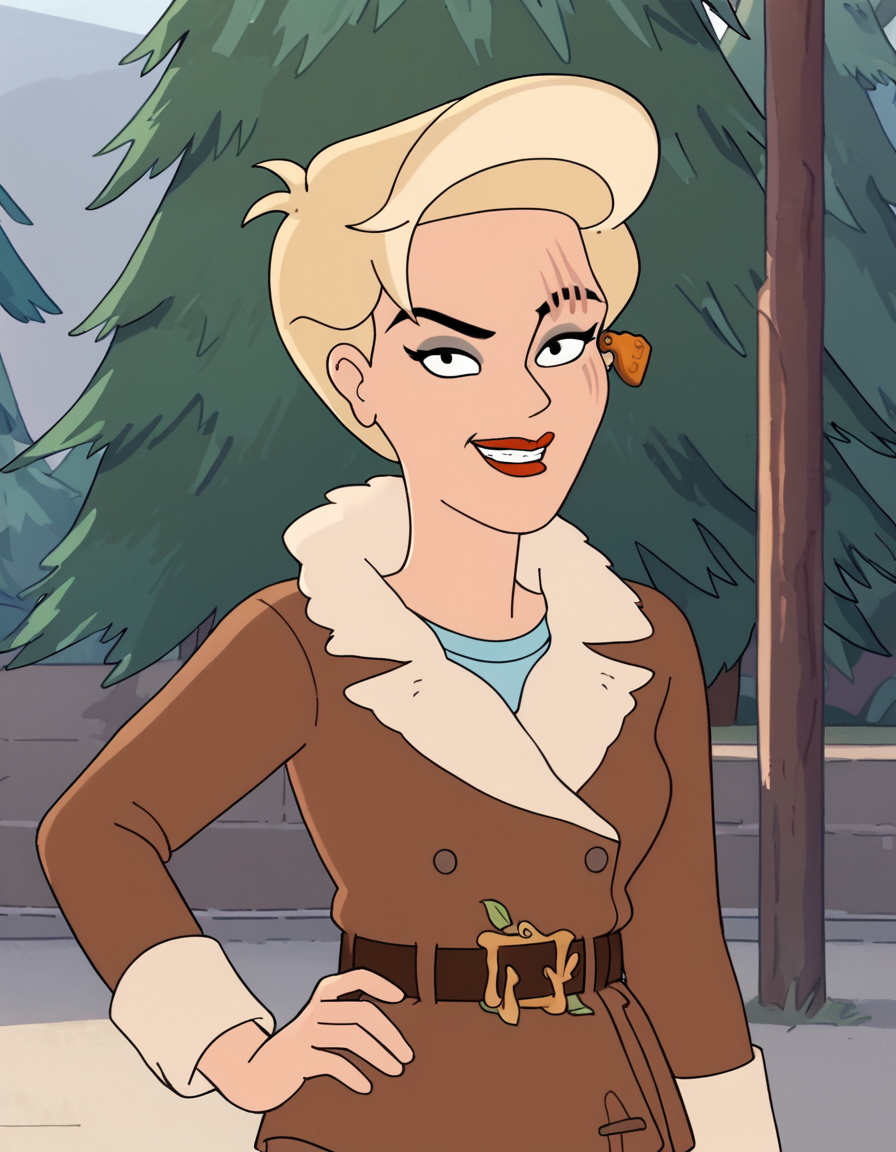 <lora:HarmonyPony1.0:1> harmony, 1girl, short hair,blonde hair, blue shirt, solo, scar across eye, makeup, ear tag, black eyes, coat, red lips, belt, lipstick, smile,outdoors,  score_9, score_8_up, score_7_up, score_6_up, score_5_up, score_4_up, looking at viewer, hand on own hip, cowboy shot,tree