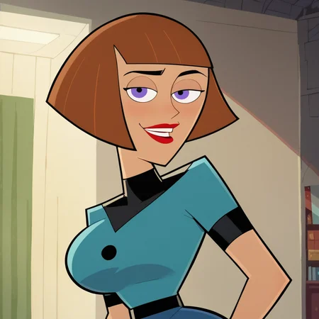 score_9, score_8_up, score_7_up, 1girl, solo, style parody, Maddie, brown hair, short hair, bob cut, blunt bangs, purple eyes, lipstick, large breasts, narrow waist, wide hips, looking at viewer, highres, high quality, masterpiece, <lora:Maddie:0.9>