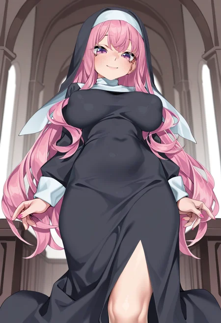 best quality,(masterpiece: 1.4), solo, vivid colors, bright colors, absurdres, radient background, refraction, indoors, 1girl, solo, smile, black dress, long dress, nun, very long hair, large breasts, covered nipples, <lora:Zhao_190-000002:0.8> zhao190,