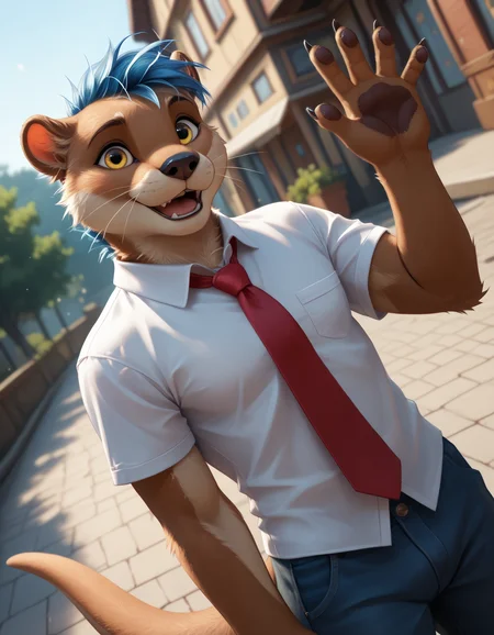 score_9, score_8_up, score_7_up, rating_safe, detailed, <lora:add-detail-xl:2.5>, anthro, furry, dutch angle, high quality, hires, detailed background, easynegative, pose, <lora:Zazush-una_Artist_Style-000029.safetensors:1.4>, (by Zazush-una:1.4), <lora:ottis_the_otter_v1-09.safetensors:0.7> ott1s_the_0tter, (otter:1.1), male focus, clothing, joy, smile, open mouth, blue hair, shirt, pants, (red necktie:1.1), happy, yellow eyes