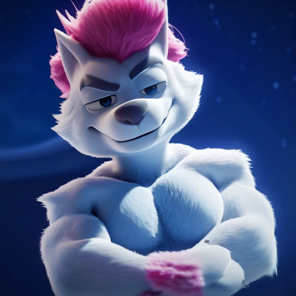 score_9, score_8_up, score_8, furry, Freddy, dog, white fur, pink hair, cartoon style, 2d, male, pecs, upper body focus, solo, arms crossed, smug expression, smirk, looking at viewer, night sky background