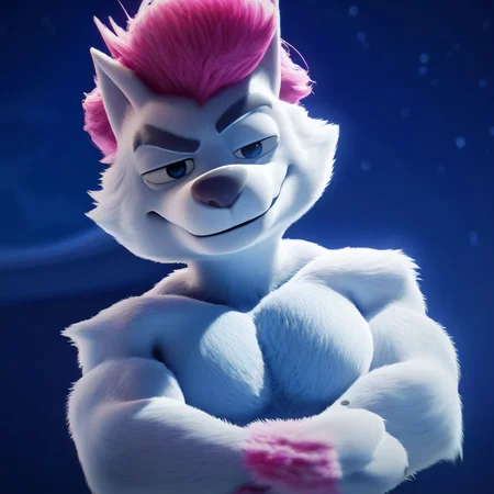 score_9, score_8_up, score_8, furry, Freddy, dog, white fur, pink hair, cartoon style, 2d, male, pecs, upper body focus, solo, arms crossed, smug expression, smirk, looking at viewer, night sky background