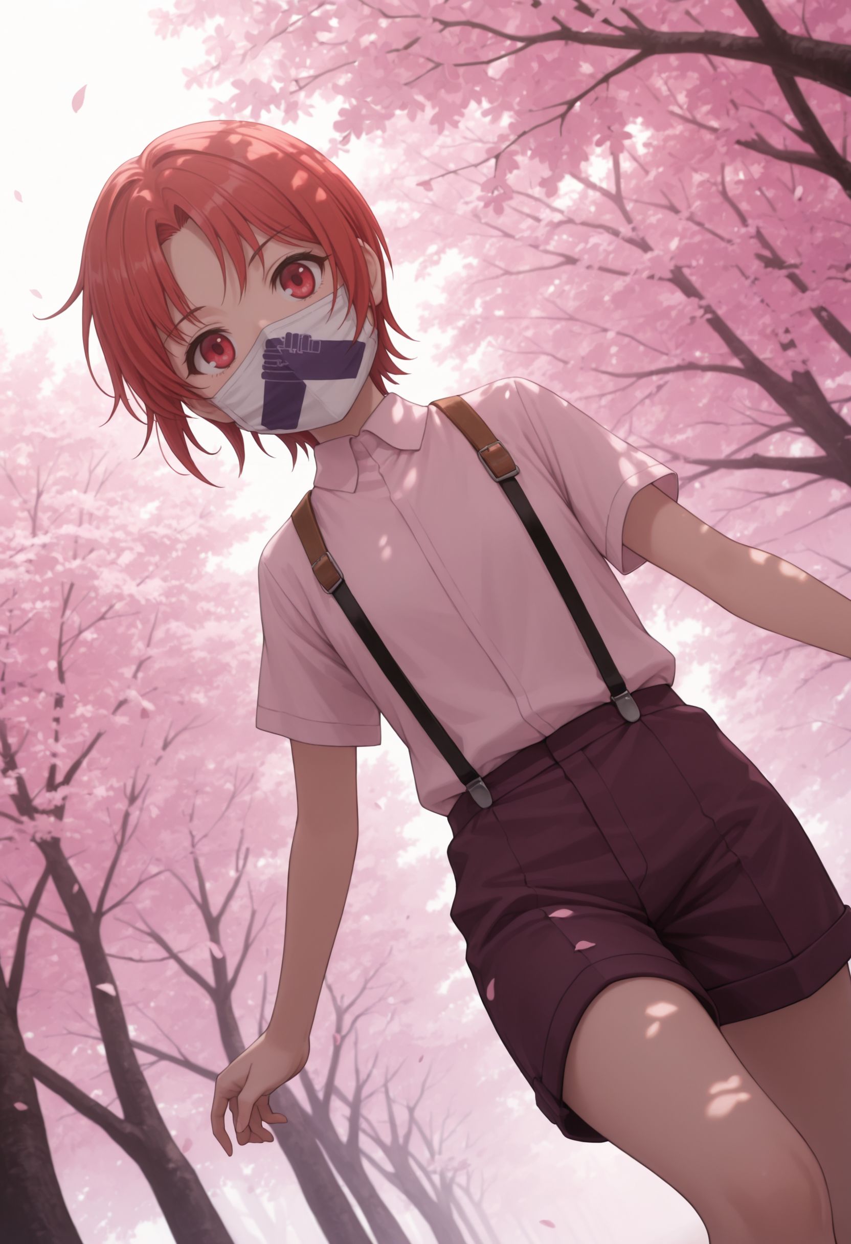 masterpiece,best quality,absurdres,highres,very aesthetic,high quality,detailed,insanely detailed,beautiful,perfect lighting, looking at viewer, looking at viewer, smile, , happy, outdoors, petals, sakura trees, lens flare, sun rays, looking at viewer, dutch angle, dynamic pose, <lora:Izumi Rita Illu :1> 1girl, short hair, red hair, , red eyes, mouth mask, , suspenders, collared shirt, short sleeves, pink shirt, shirt, shorts