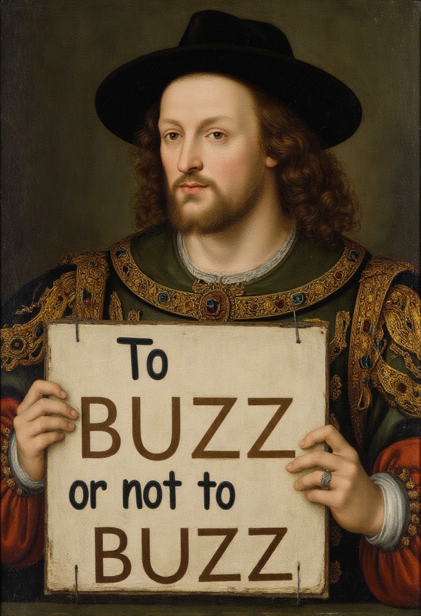 <lora:Renaissance Style:0.9> renaissance style painting of a shakespear, holding a sign that says "To BUZZ or not to BUZZ"