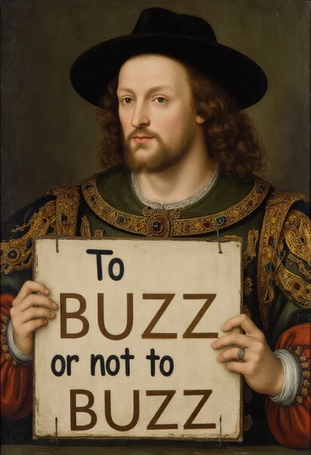 <lora:Renaissance Style:0.9> renaissance style painting of a shakespear, holding a sign that says "To BUZZ or not to BUZZ"