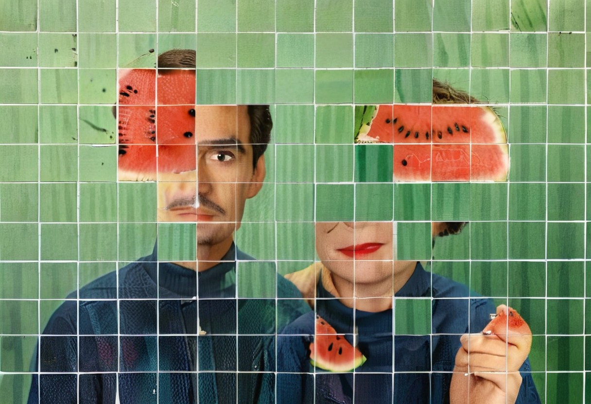 A closeup photo, of pretentious male and female Artists,  in a messy artist painting studio, staring into camera, behind them are abstracted watermelon paintings, Leica M3, depth of field, dramatic lighting, complex shadows, golden hour, expired film, in the style of nan goldin, film grain, poor quality,
