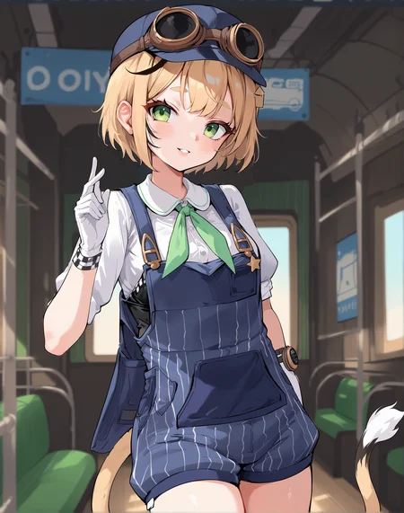 score_9, score_8_up, score_7_up, source_anime, anime, BREAK, best quality, very aesthetic, crisp image, absurdres, hotfiy, zPDXL3, <lora:doobyPonyXL:1>, 1girl, dooby, short hair, tail, overalls, hat, goggles, green eyes, hair ornament, white gloves,