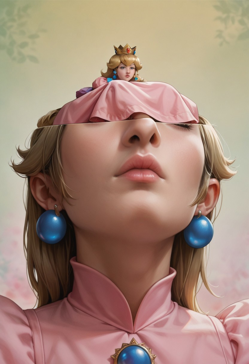 score_9, score_8_up, score_7_up, source_anime, svrnce, (halfhead), face focus, princess peach, blonde hair, lips, earrings, dress, smaller clone, detailed background