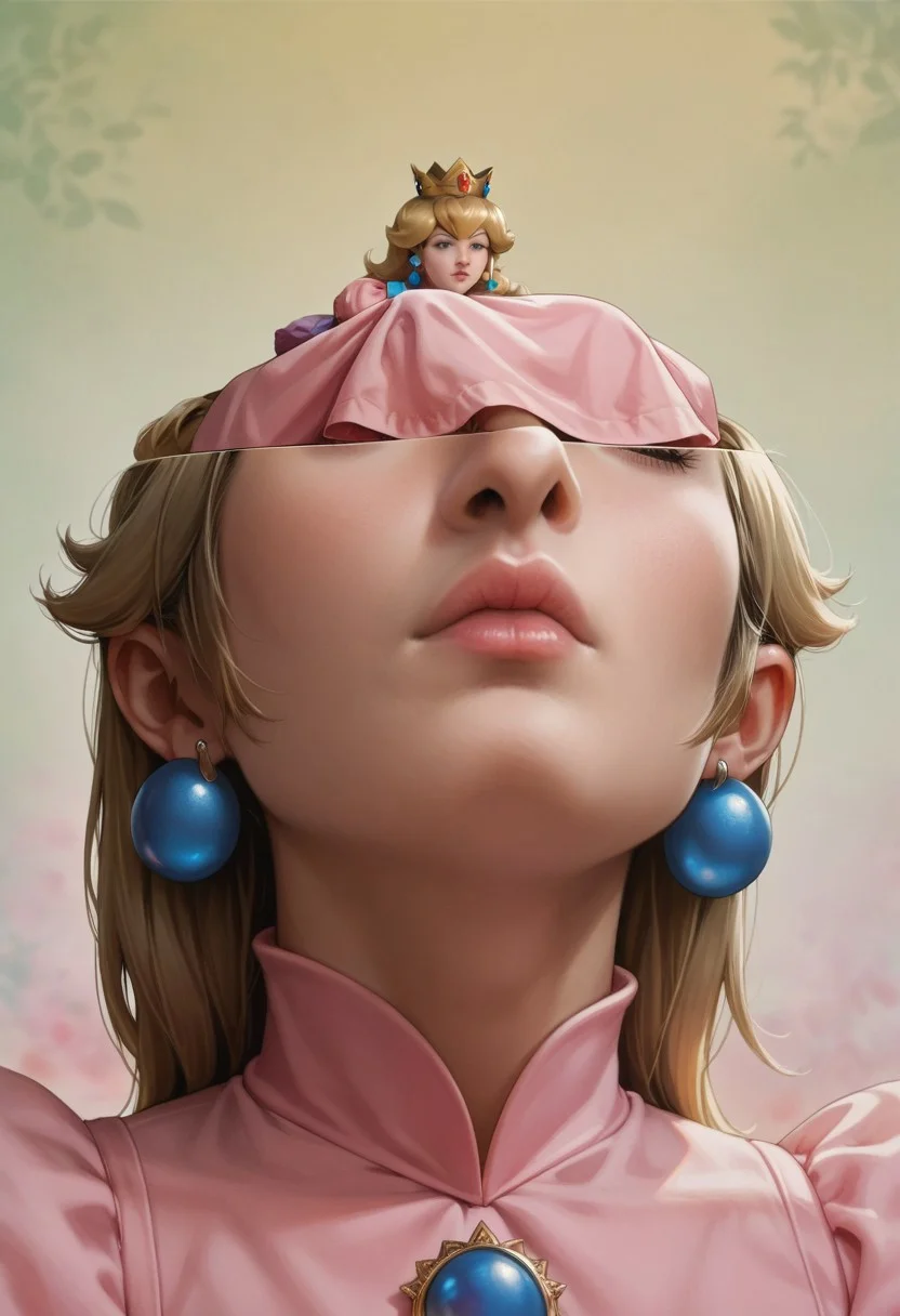 score_9, score_8_up, score_7_up, source_anime, svrnce, (halfhead), face focus, princess peach, blonde hair, lips, earrings, dress, smaller clone, detailed background