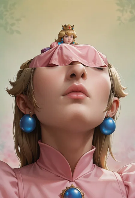 score_9, score_8_up, score_7_up, source_anime, svrnce, (halfhead), face focus, princess peach, blonde hair, lips, earrings, dress, smaller clone, detailed background