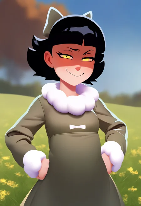 masterpiece, best quality, very aesthetic, absurdres,
1girl, oliviamann, black hair, bangs, short hair, yellow eyes, hair bow, green dress, long sleeves, white pantyhose,
hands on hips, evil smile, smug, smile, upper body, looking at viewer, solo, outdoors, grass, blue sky, meadow background <lora:OliviaMannNoobXL_byKonan:1>
