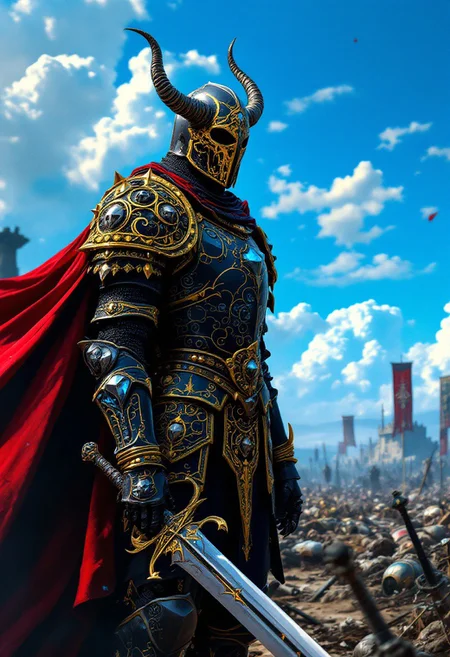 ajchrobo, A knight stands alone in the center of a medieval battlefield beneath a cerulean sky. The knight wears black armor adorned with repeating fractal patterns at multiple scales, from large skull motifs to microscopic bone structures, displaying subsurface scattering in dark areas and specular highlights along edges. Golden trim on the armor contains thousands of miniature engraved scenes depicting conquests, each measuring one millimeter in size. The armor's spikes feature spiral patterns based on the golden ratio with nano-scale serrated surfaces. The horned helmet displays hundreds of rings within each horn, resembling tree rings, and contains crystalline eyes with internal structures suggesting depth. A deep red cape flows behind the knight, showing individual threads with light interactions and subtle color variations. The knight holds a sword with visible crystalline metal structures and golden filigree decorated with thousands of interconnected miniature figures. The battlefield extends to the horizon, scattered with fallen warriors, broken weapons, tattered banners, and abandoned siege engines, while the blue sky above shows atmospheric scattering effects. High-resolution digital artwork with extreme detail and realistic lighting captures intricate textures across multiple scales.