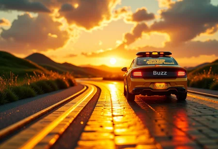 close-up shot of a black and yellow cheakred airport follow me vehicle driving on a fantasy road towards the sunset in a tilt shift microworldlora.
The follow me car is displaying the text: "Follow me BUZZ" on its digital display. The car lights are flashing. The follow me car is driving on an a golden brick road made of light.
The golden brick road curves through rolling hills of an lush fantasy world. The vanilla sky is bright, colourful and filled with lush clouds.
The composition of the image is using strong guiding lines to create a focal point in the center towards the sunset and the close up of the follow me vehicle. The text on digital display of the follow me car is clearly visible: "Follow me BUZZ"
The colours used in the image are dominated by gold and deep colourful cyan. Lush greens and yellows, deep dark hues are added as counterparts.
microworldlora