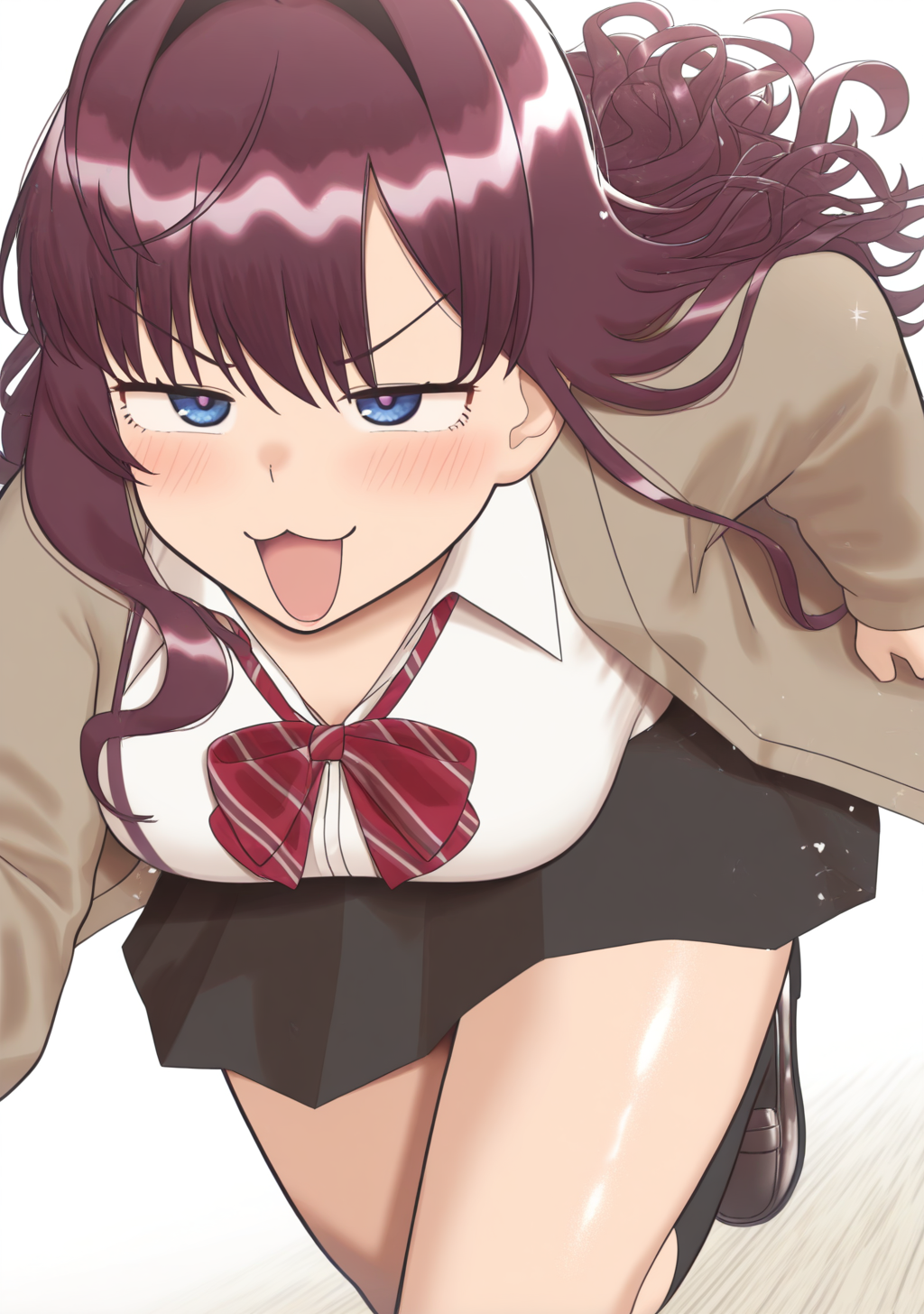 masterpiece, best quality, absurdres, perfect lighting,shiny skin,<lora:StS-Illustrious-Detail-Slider-v1.0:3>,<lora:illustrious_noobai_epsilon_pred_1_best_quality_v1:1>,<lora:ryokucha_michi:0.7>,ryokucha michi,1girl,ichinose shiki,school uniform, smile,smug,:3,open mouth, running, motion lines, simple background,