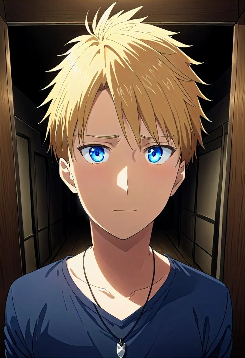 high resolution, solo, best quality, 1Boy, Yamato Ishida, Blonde Hair, Blue Eyes, Necklace, Kabedon POV, Dark Shirts, Speechless, shy, POV, Kabedon,