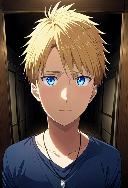high resolution, solo, best quality, 1Boy, Yamato Ishida, Blonde Hair, Blue Eyes, Necklace, Kabedon POV, Dark Shirts, Speechless, shy, POV, Kabedon,