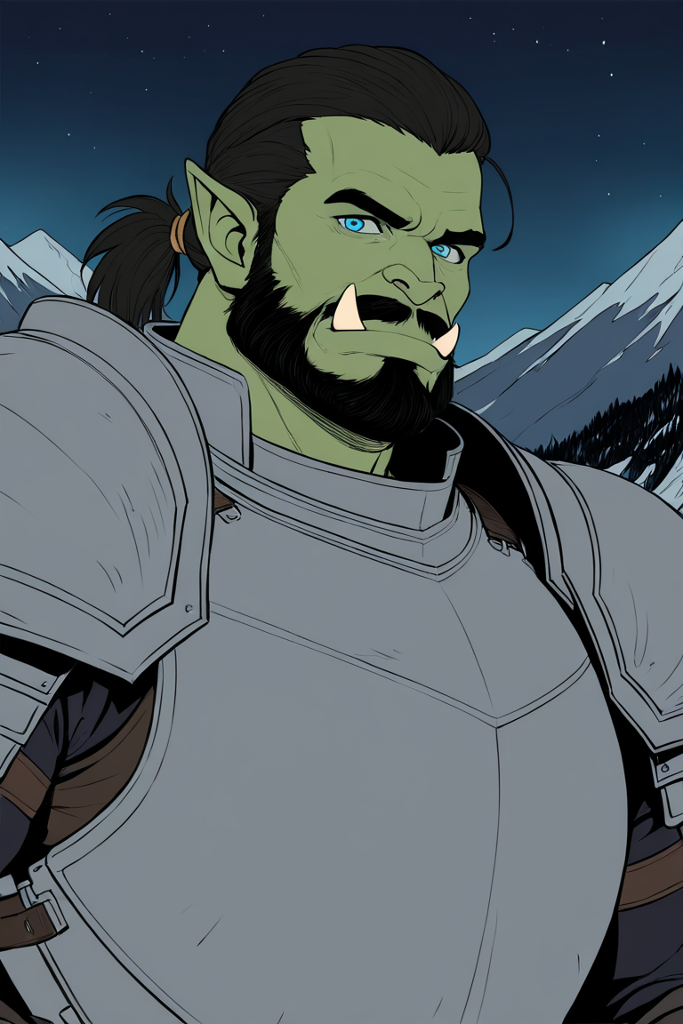 masterpiece, best quality, highres, newest, lineart, flat color, 1boy, solo, male focus, mature male, orc, colored skin, green skin, tusks, blue eyes, medium hair, black hair, hair slicked back, ponytail, facial hair, beard, mustache, looking at viewer, full armor, shoulder armor, breastplate, pauldrons, upper body, closed mouth, standing, outdoors, mountain, night, night sky, dark background <lora:LineArt Grey [LoRA] - NoobAI-XL EPS 1.0:0.8>