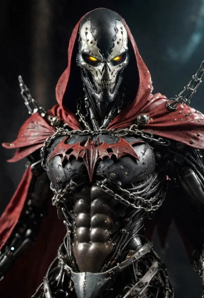 a photograph of spawn, balanced composition, made of black goo, (weathered patina:1.2), black costume, animated red cape made of liquid, "M" on chest, chains, moody lighting, cinematic, complex robot, biomechanical, hyper detailed <lora:compb0t:0.5> <lora:Spawn:0.8> comprobo