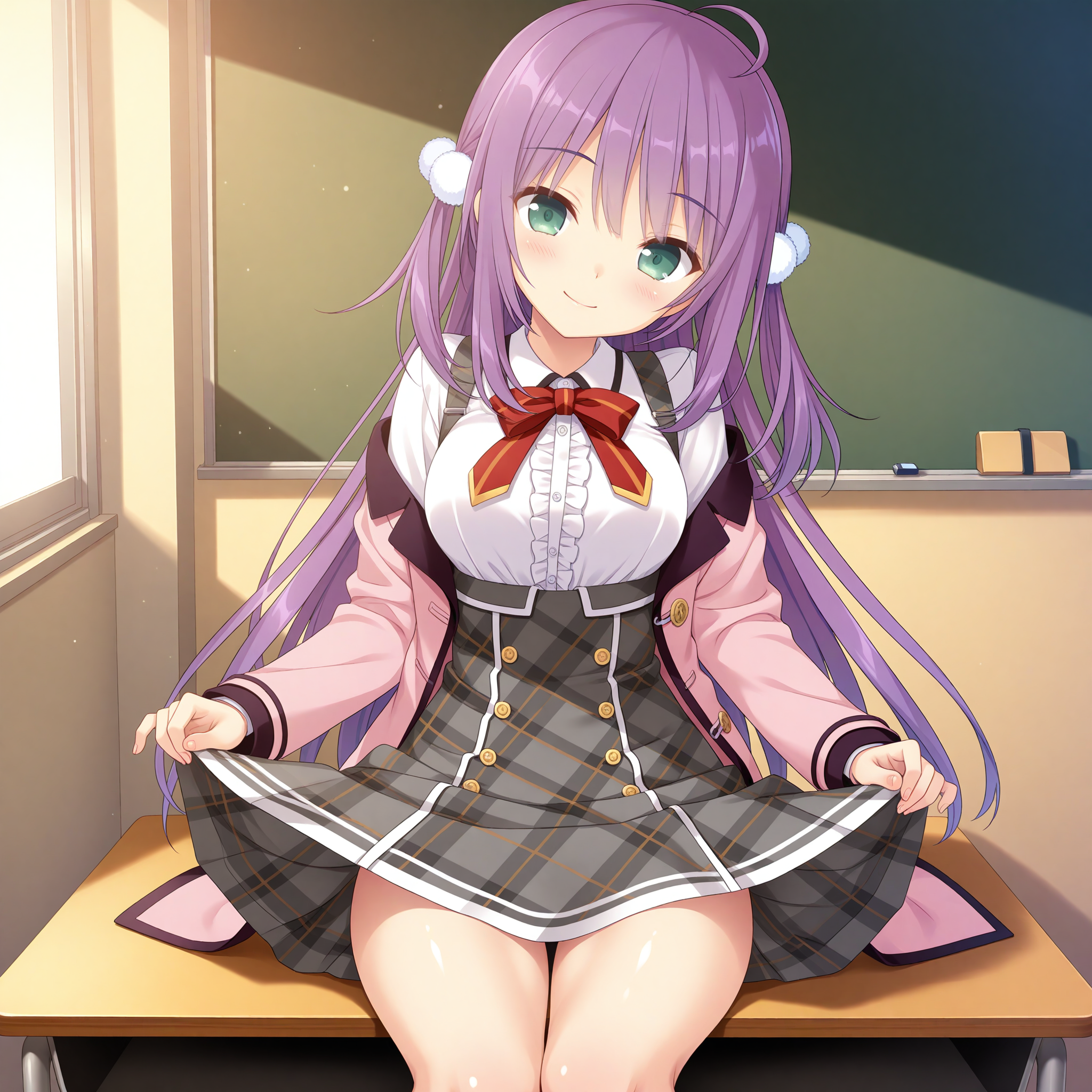 <lora:Kagaya_Yuna_1_nai-000046:1>,Kagaya Yuna,
two side up,pom pom hair ornament,white ornament,school uniform,plaid skirt,white shirt,long sleeves,grey skirt,collared shirt,center frills,red ribbon,pleated skirt,miniskirt,suspender skirt,red bowtie,white frills,pink jacket,
BREAK
1girl,solo,sitting,on desk,front view,looking at viewer,indoors,smile,head tilt,skirt lift,