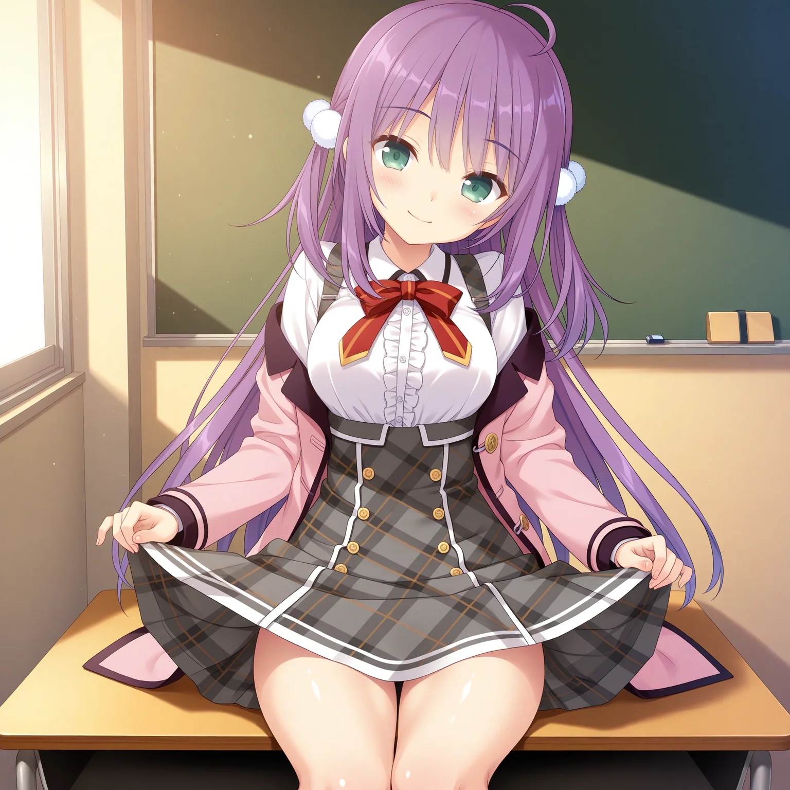 <lora:Kagaya_Yuna_1_nai-000046:1>,Kagaya Yuna,
two side up,pom pom hair ornament,white ornament,school uniform,plaid skirt,white shirt,long sleeves,grey skirt,collared shirt,center frills,red ribbon,pleated skirt,miniskirt,suspender skirt,red bowtie,white frills,pink jacket,
BREAK
1girl,solo,sitting,on desk,front view,looking at viewer,indoors,smile,head tilt,skirt lift,