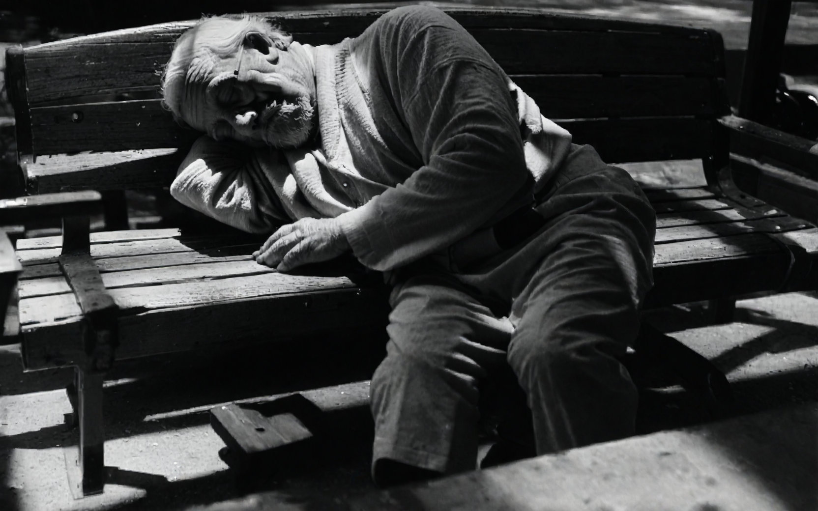 <lora:StreetPhotography_pony_v1:1> street photography, black and white,street photography \(genre\), photorealism \(style\), an old man is sleeping on a bench, score_9, score_6_up, score_7_up