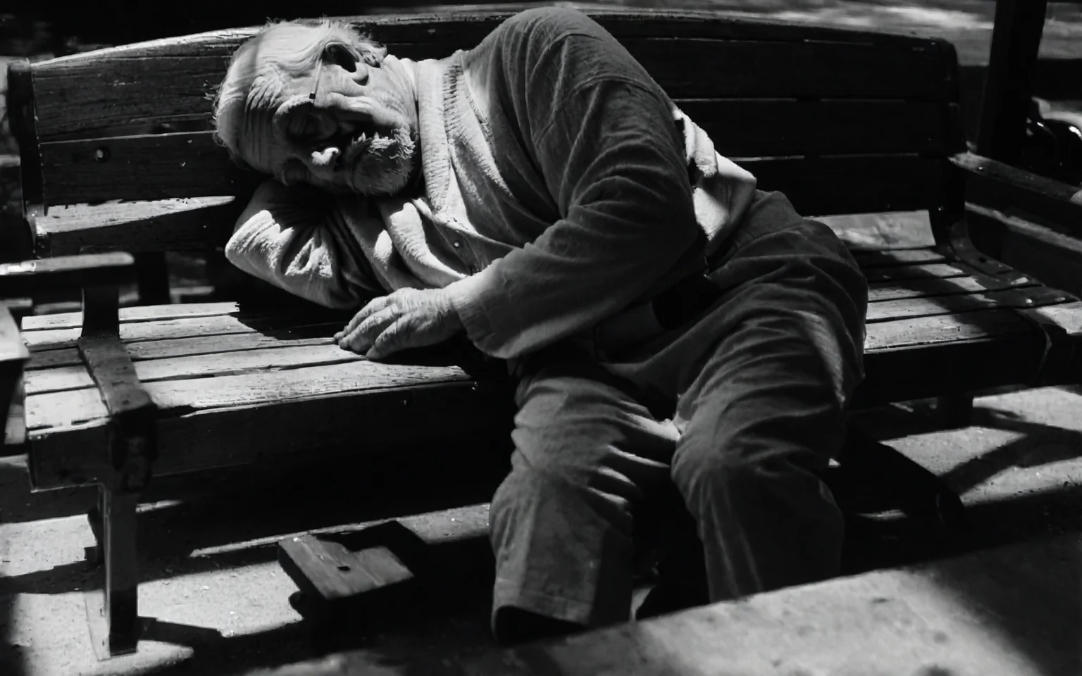 <lora:StreetPhotography_pony_v1:1> street photography, black and white,street photography \(genre\), photorealism \(style\), an old man is sleeping on a bench, score_9, score_6_up, score_7_up