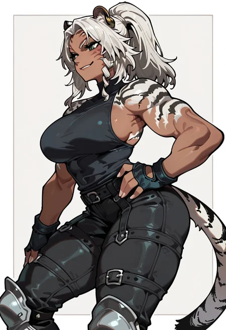 masterpiece, best quality, good quality, 1girl, white hair, ponytail, tall female, toned, tiger fur, tiger tail, tail, green eyes, facial marks, tiger ears, large breasts, dark-skinned female, muscular female, sleeveless black shirt, side boob, black pants, fingerless gloves, armored boots, smirk,(ireading:0.8), (Lhata4564_illu:0.4),