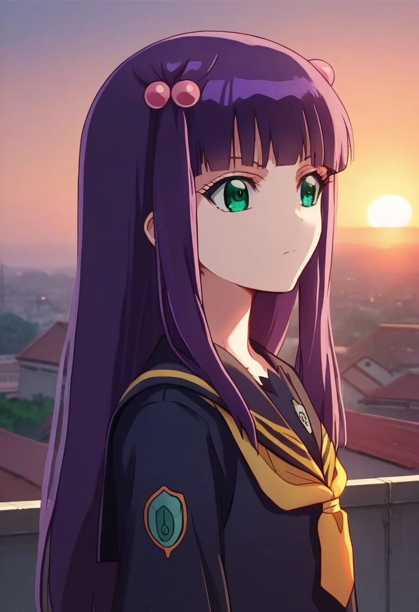 score_9, score_8_up, score_7_up, source_anime, upper body photo of ben1o, benio adashino, 1girl, solo, purple hair, long hair, green eyes, hair ornament, bangs, hair bobbles, serafuku, evening, sunrise, rooftop <lora:ben1oXL:1>