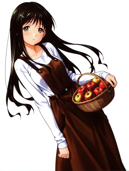 masterpiece,best quality,newest,
1girl,solo,
<lora:k_sayori_ilxl_v1.0:1>,k_sayori,hairclip,black hair,green eyes,s_clothes,white sweater,brown dress,
<lora:Fixhands_anime_bdsqlsz_V1:1>,dynamic_angle,cinematic_angle,white_background,simple_background,looking_at_viewer,standing,holding basket,apple,