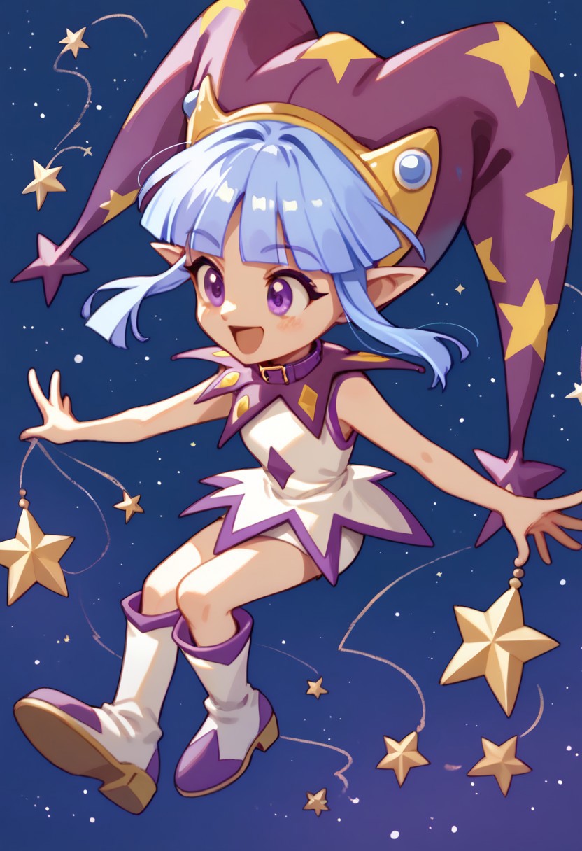 score_9, score_8_up, score_7_up BREAK CleoPB4, 1girl, light blue bob cut, blunt bangs, purple eyes, purple yellow jester hat, purple collar, sleeveless white dress, purple hemline, white purple boots, smiling, outer space outdoors, galaxy background, riding golden star,
