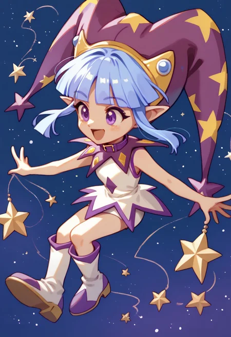 score_9, score_8_up, score_7_up BREAK CleoPB4, 1girl, light blue bob cut, blunt bangs, purple eyes, purple yellow jester hat, purple collar, sleeveless white dress, purple hemline, white purple boots, smiling, outer space outdoors, galaxy background, riding golden star,