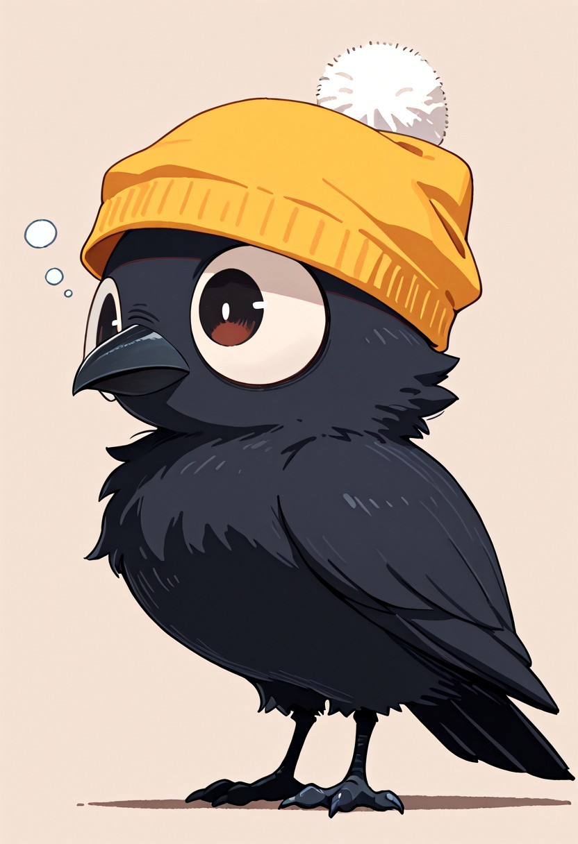 masterpiece, best quality, simple illustration, 1crow, full body,  huge eyes, loocking away, side view, cartoon, no human,  sleepy, fluffy, small, cute, wearing a sleep hat, huge peak, very fluff