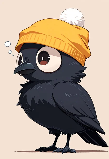 masterpiece, best quality, simple illustration, 1crow, full body, huge eyes, loocking away, side view, cartoon, no human, sleepy, fluffy, small, cute, wearing a sleep hat, huge peak, very fluff