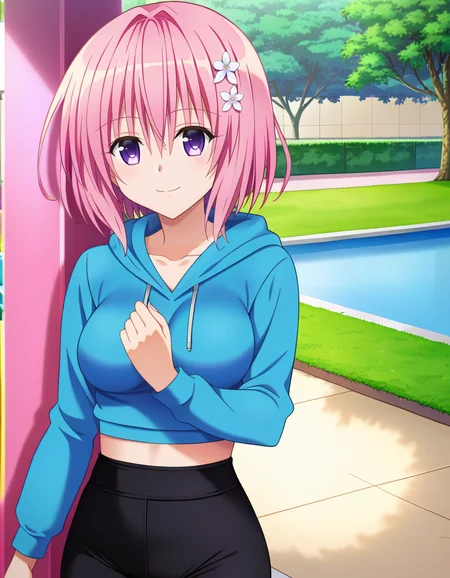 colorful, 1girl, solo, detailed background,  <lora:momodevilvXLPonyV1:0.7>, momodevil, To Love-ru, momo velia deviluke, bob cut, short hair, pink hair, purple eyes, medium breasts, bright colors, pastel, bright pink hair, hair flower, outdoors, park, blue hoodie, high-waist pants, yoga pants, black pants, light blush, smile