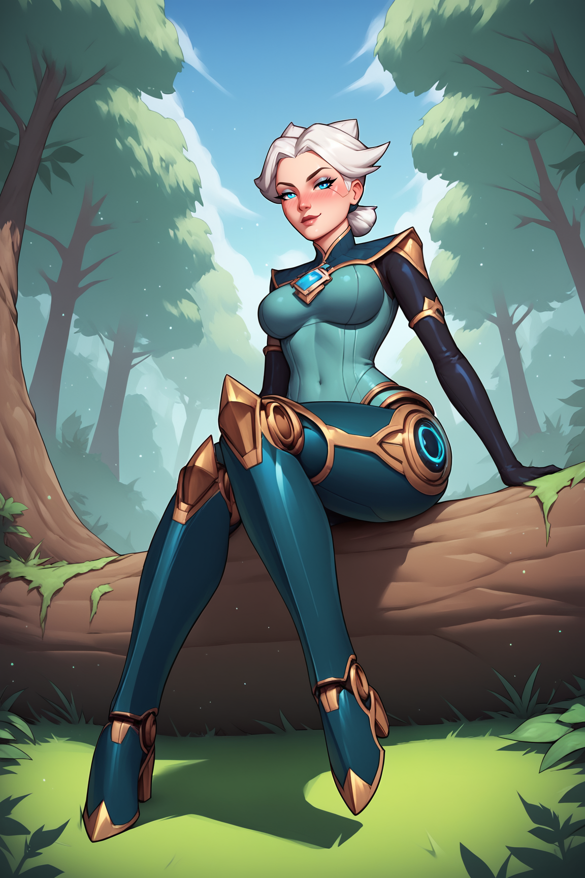 score_9, score_8_up, score_7_up, score_6_up, BREAK, CarmilleLoLPXL, blue eyes, white hair, short hair, wide hips, large breasts, blue gem, blue bodysuit, elbow gloves, black gloves, robot joints, solo, full body, sitting, ((bellow view)), seductive smile, looking at viewer, naughty face, nose blush, forest, tree <lora:CarmilleLoLPXL:0.8>