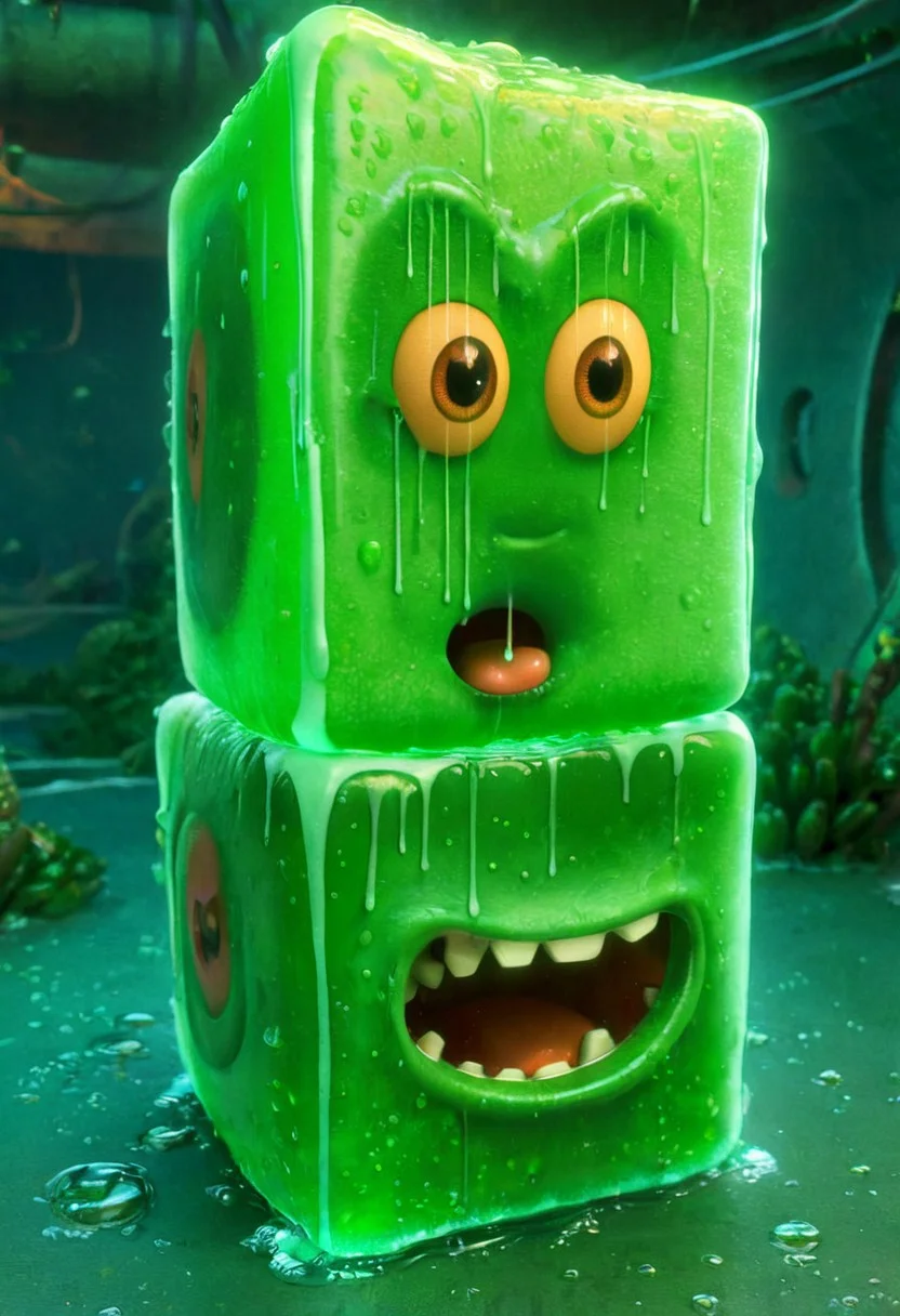 the enormous gigantic cute gelatine ooze cube with the surprised eyes in the tunnels, dim light, pixar art, detailed, intricate details, 8k, best quality, hdr, masterpiece