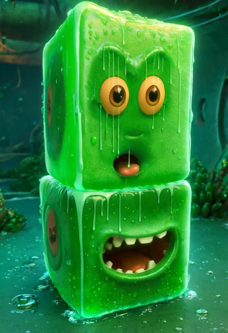 the enormous gigantic cute gelatine ooze cube with the surprised eyes in the tunnels, dim light, pixar art, detailed, intricate details, 8k, best quality, hdr, masterpiece
