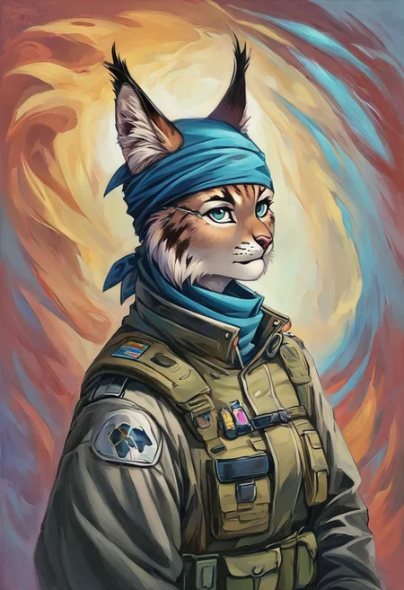 Score 9, Score_8_up, Score_7_up, ng_deepnegative_v1_75t, negative_hand, charturnerv2, knee-deep portrait of adult female, banners, starship, high technology, shirt, fingerless gloves, soldier uniform,, , anime, Arknight provens, detailed background, cyberpunk, bandana,, furry, lynx species, lynx tail, lynx ears, muscle,