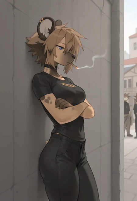 masterpiece, best quality, very aesthetic, absurdres, <lora:waspsalad_style_illustrious_v1.1f:0.85> wsaladstyle, 1girl, siu, african wild dog, light brown hair, blue eyes, ear piercingBREAK
t-shirt, pants, standing, outside, smoking, bored, looking into distance, town, urban, side view, leaning against wall, black t-shirt, arms crossed