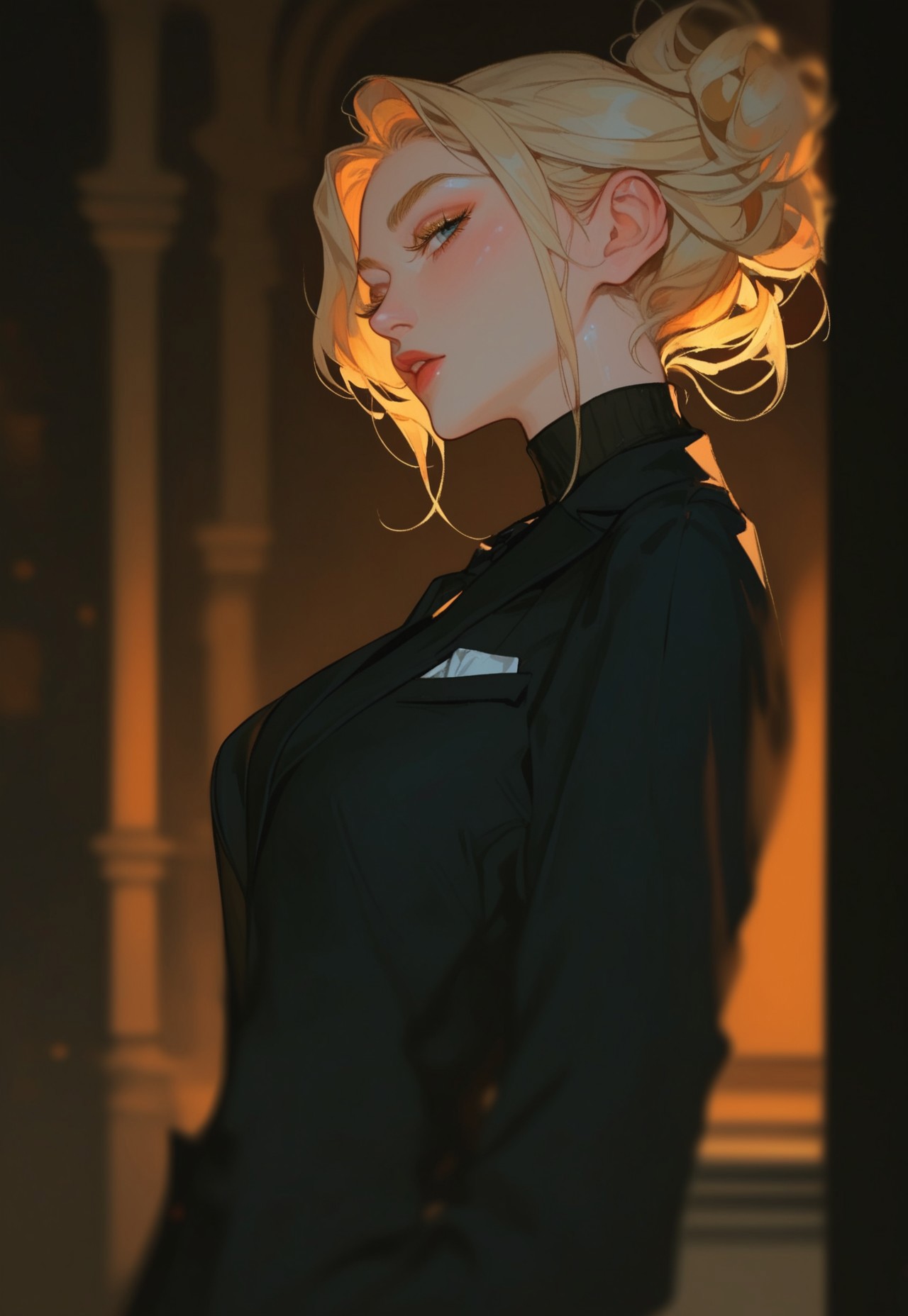  score_9, score_8_up, score_7_up, score_6_up, score_5_up, score_4_up,1girl, turtleneck sweater, black sweater, pale skin, semi-realism, medium breasts, tight clothes, dark narrow corridor, black latex gloves, formal suit, black suits, blonde hair, great artist, 8k, black formal jacket, shadows, cinematic scene, depth of field, long eyelashes, sharp eyebrows, 